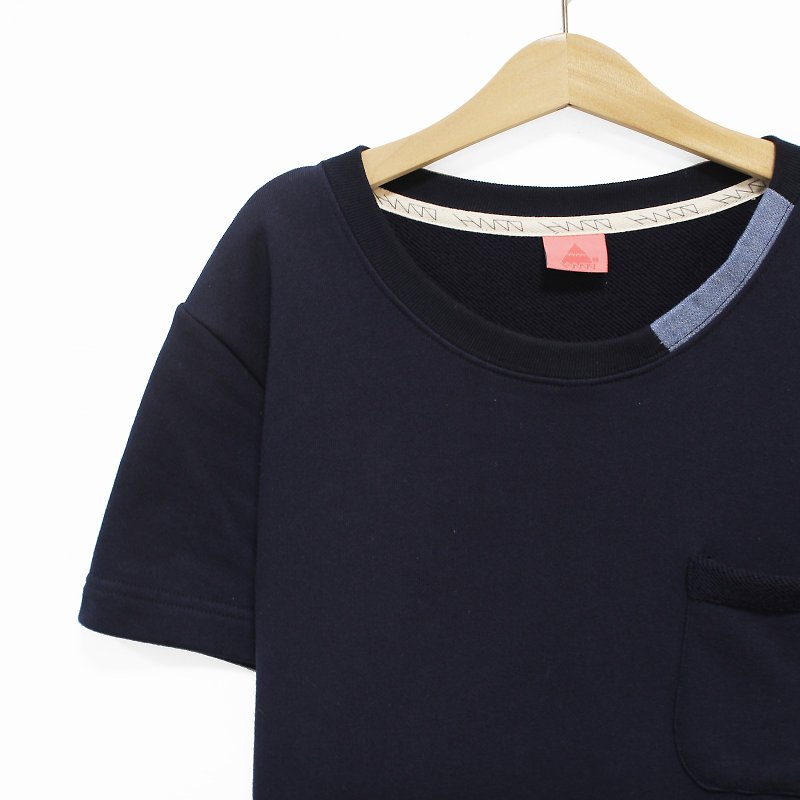 " H-ZOO " super thick dark blue denim fabric stitching cloth + neckline Short Tee (only XS) - Women's T-Shirts - Other Materials Blue