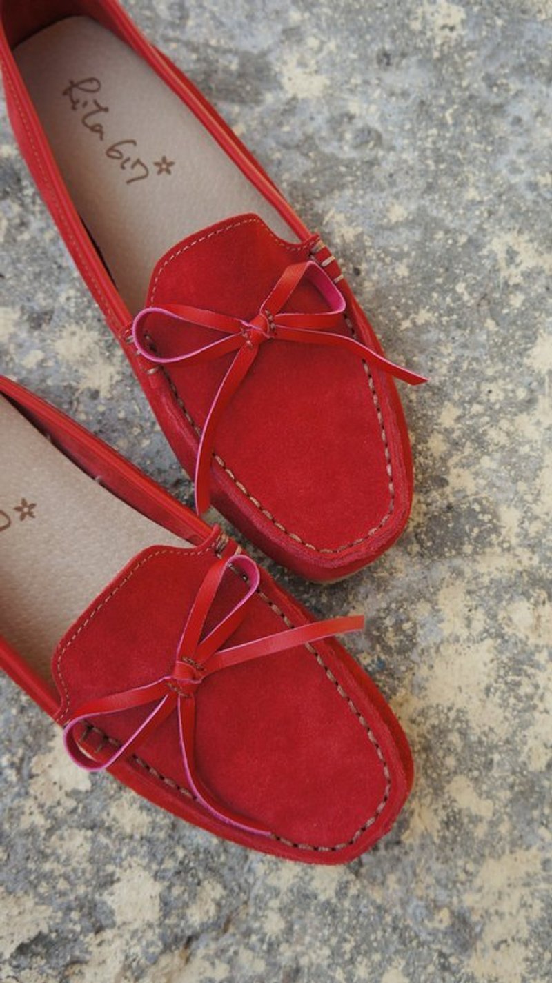 訂製-Soft 平底鞋(大紅+蝴蝶結) - Women's Casual Shoes - Genuine Leather Red