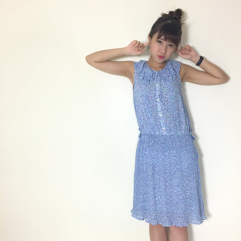 古著洋裝 | BD818 | 花床 | 印花 | 雪紡 - 洋裝/連身裙 - 其他材質 藍色