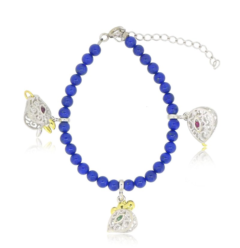 HK117 ~ 925 sterling silver triad zodiac shape lapis lazuli bracelet (cattle / snake / chicken) - Bracelets - Gemstone Blue