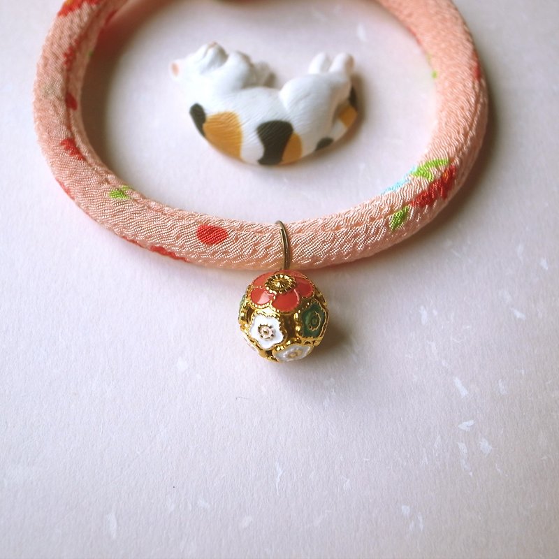 日本犬貓和布頸圈 項圈(單結式)--粉橘+梅圓鈴 - 貓狗頸圈/牽繩 - 絲．絹 粉紅色