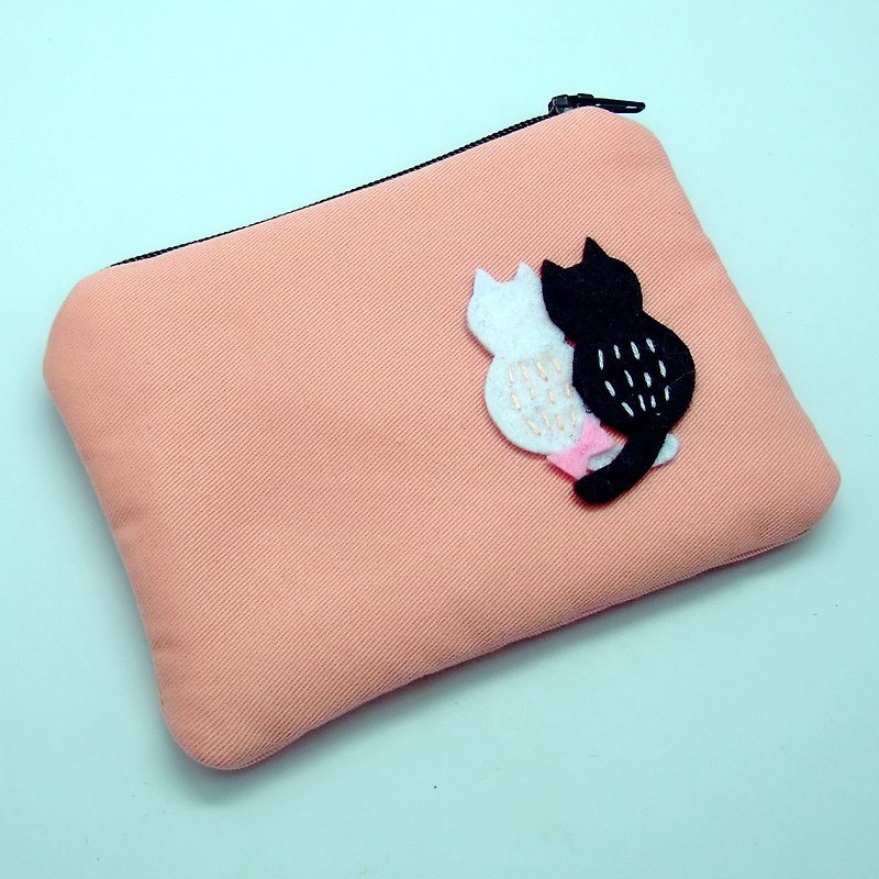 拉鍊零錢包，卡片包，鑰匙包，耳機包，小物包 (一對貓咪) (ZS-62) - 零錢包/小錢包 - 棉．麻 粉紅色