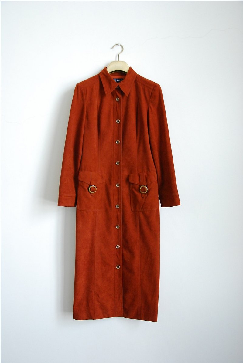 Breasted large pockets thick material vintage dress - ชุดเดรส - วัสดุอื่นๆ 