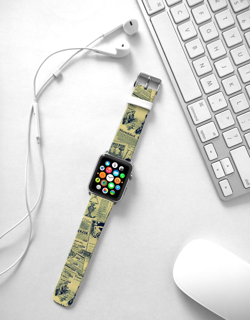 Apple Watch Series 1 , Series 2, Series 3 - Vintage Newsletter Pattern Watch Strap Band for Apple Watch / Apple Watch Sport - 38 mm / 42 mm avilable - สายนาฬิกา - หนังแท้ 