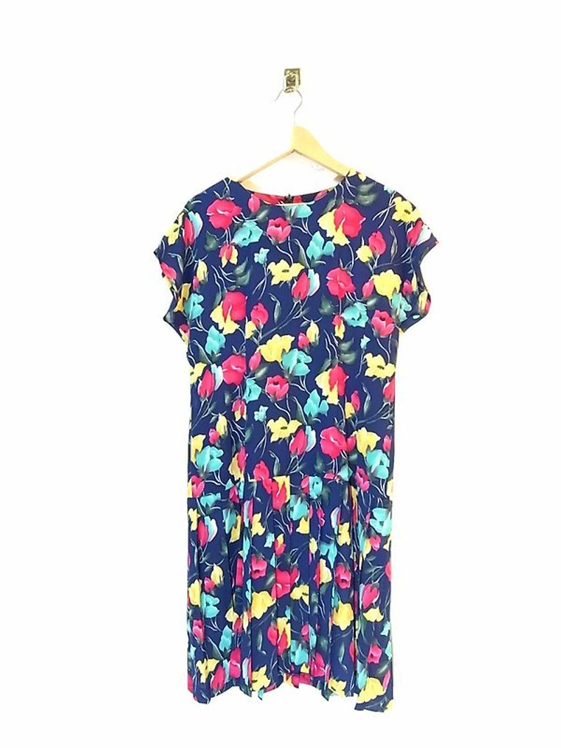 Floral Pleated dress blue low waist line PdB vintage - One Piece Dresses - Other Materials Multicolor