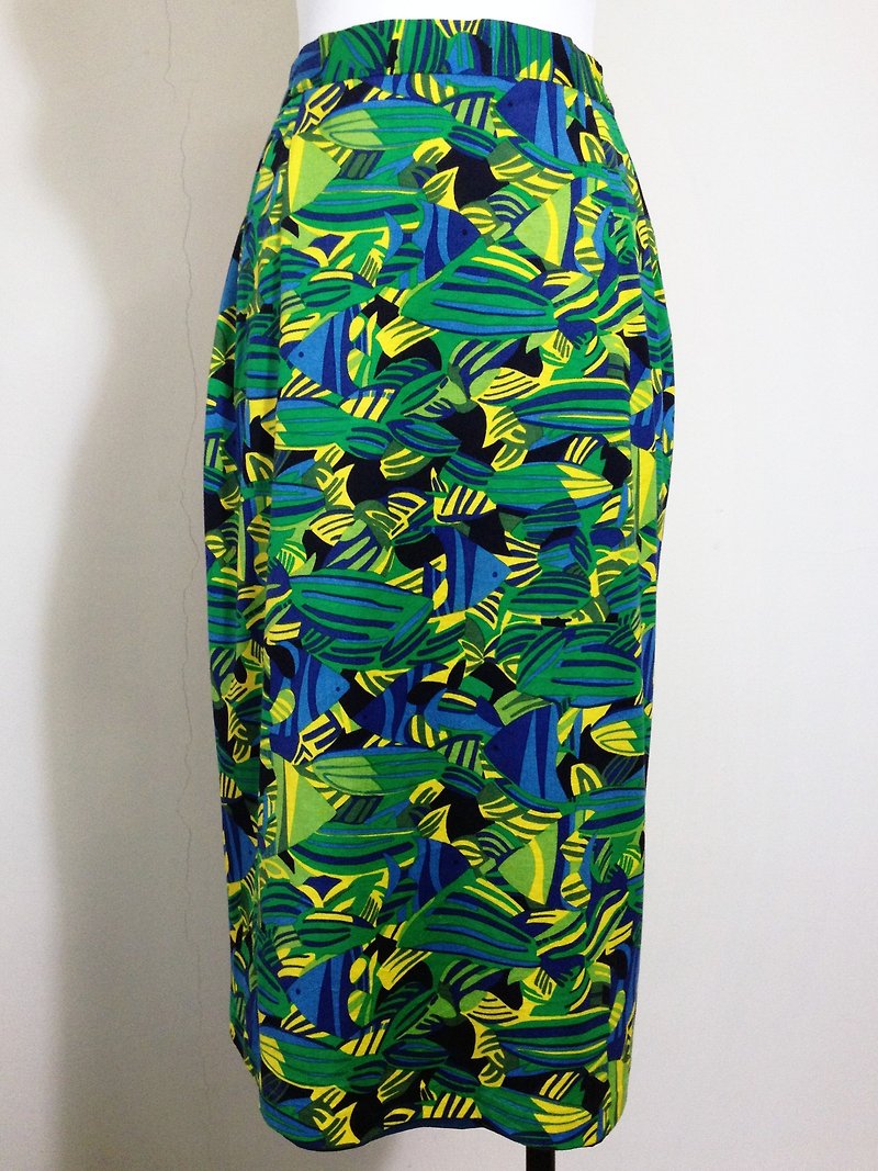 Ping-pong vintage [vintage skirt / tropical marine fish bag vintage knee-length skirt] abroad back retro VINTAGE - กระโปรง - วัสดุอื่นๆ สีเขียว