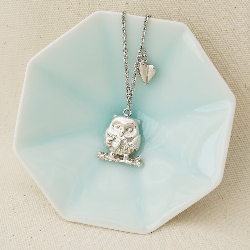 Owl with leaf 925 Sterling Silver Necklace, Handmade Necklace - Necklaces - Sterling Silver Silver