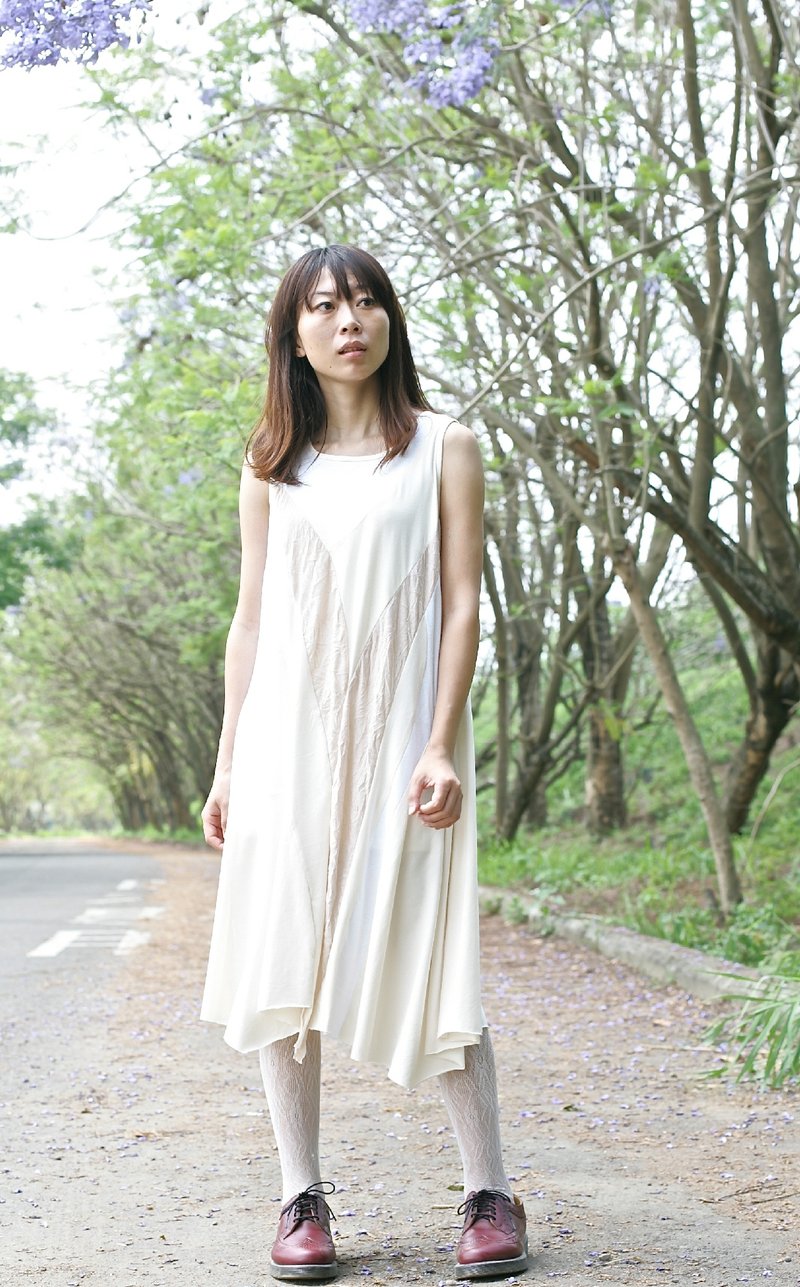 白色拼接洋裝 - Women's Pants - Cotton & Hemp White