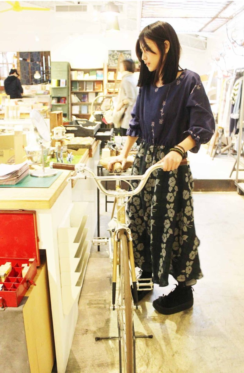 フェアリーファーム工場出荷手作り服シリーズFダークブルージーンズのスカートのドレスステッチ花の緑のチェッ​​ク柄デニム - ワンピース - コットン・麻 グリーン