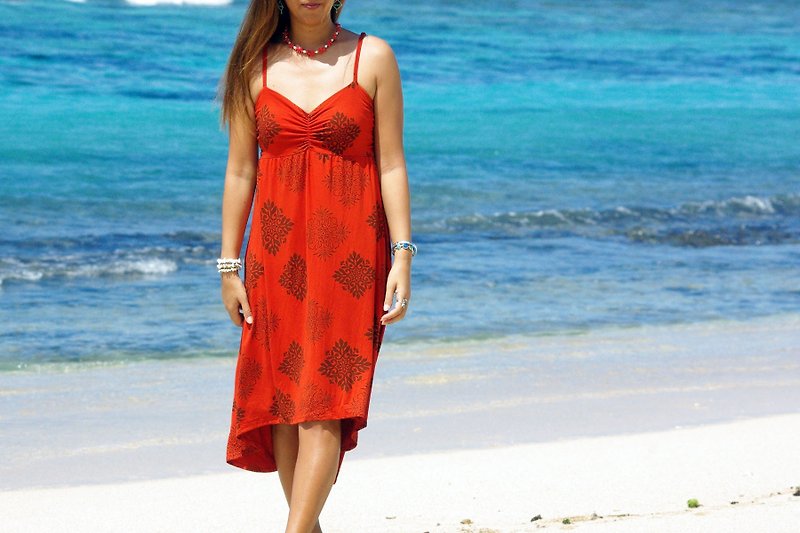 キルト柄テールカットワンピース＜オレンジレッド＞ - 洋裝/連身裙 - 其他材質 紅色