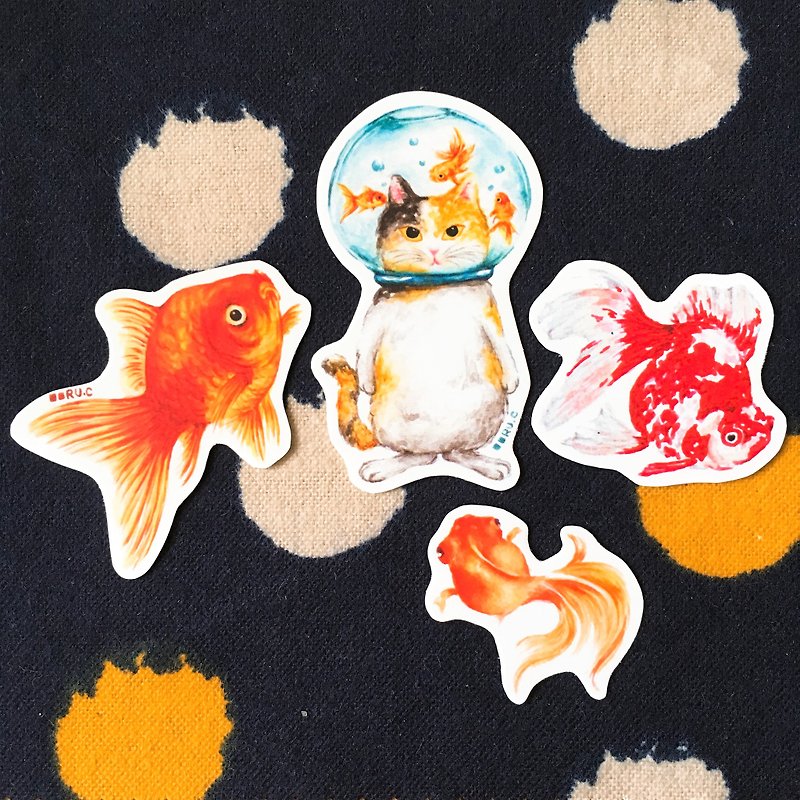金魚鉢の猫ステッカー - シール - 紙 多色
