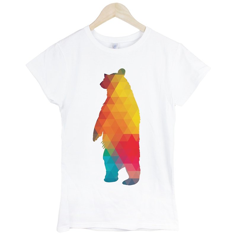 Geometric Bear Girls Short Sleeve T-Shirt-White Geometric Abstract Bear Design Art Illustration - เสื้อยืดผู้หญิง - วัสดุอื่นๆ ขาว