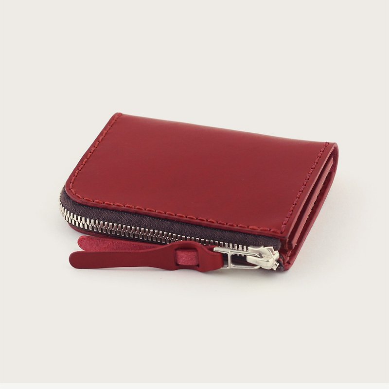 L型拉鍊短夾 / 零錢包 / 皮夾 -- 酒紅色 - 長短皮夾/錢包 - 真皮 紅色