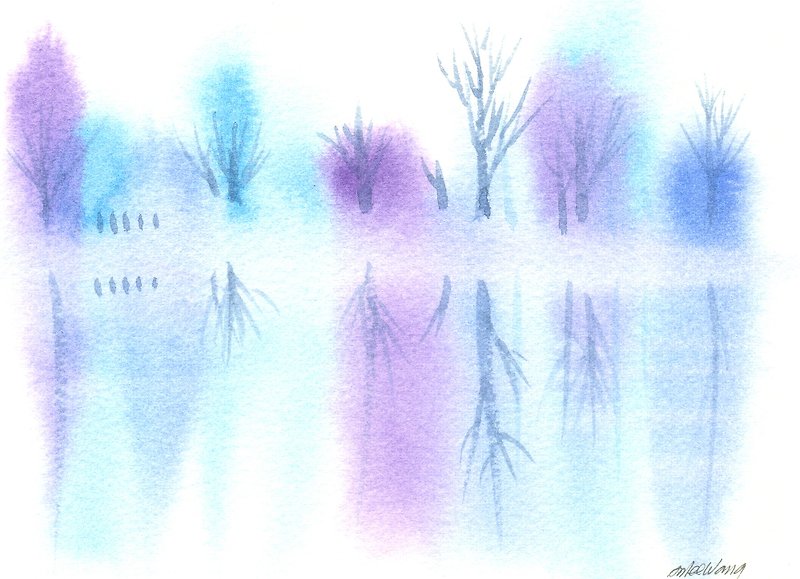 聖誕卡片「療癒系樹林系列1-37」水彩手繪限量版明信片/賀卡 - カード・はがき - その他の素材 ブルー