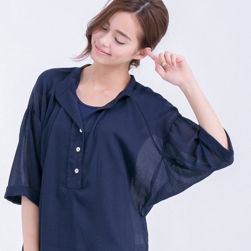 Emma half lapel splice sleeve shirt / cool blue - Women's Tops - Cotton & Hemp Blue