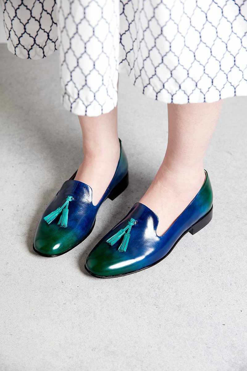HTHREE Fringe Loafers / Loch Ness / Blue Green / Gradient / Tassel Loafers - รองเท้าอ็อกฟอร์ดผู้หญิง - หนังแท้ สีน้ำเงิน