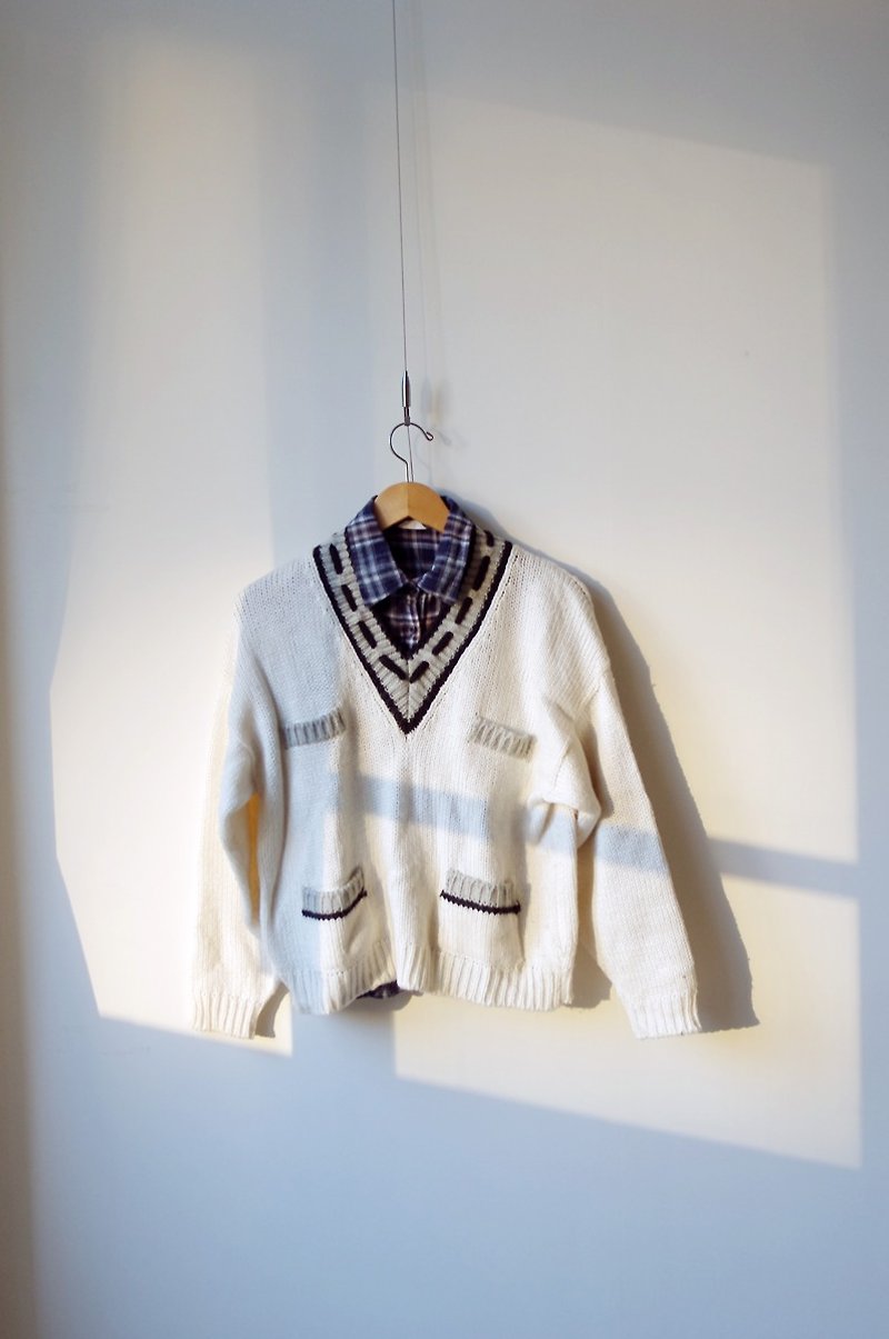 Pills and cat ♫ ~ just have pockets of thick white knit v - Men's Sweaters - Other Materials White