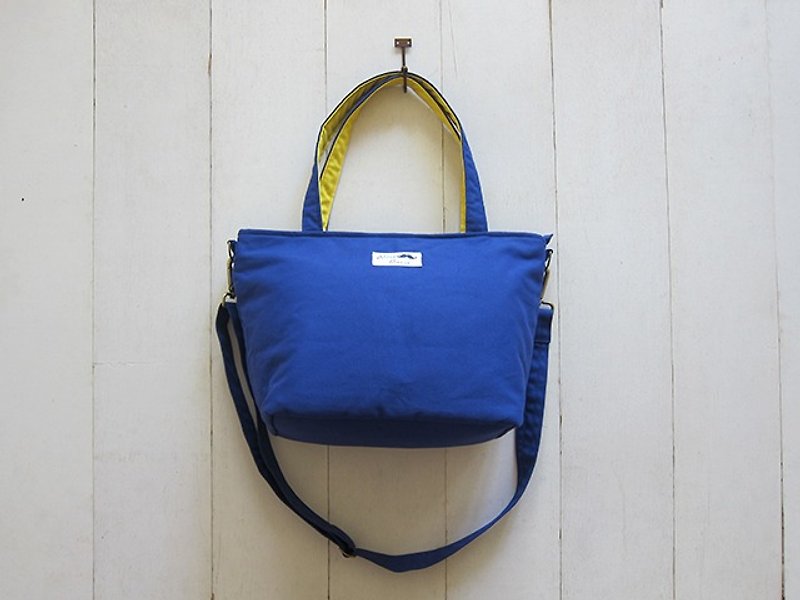 Dachshund zipper open canvas tote bag-medium (azure blue + bright yellow) + detachable adjustable strap - กระเป๋าแมสเซนเจอร์ - วัสดุอื่นๆ หลากหลายสี