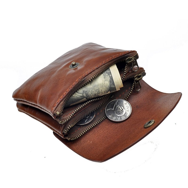【DOZI皮革手作】翻包款雙袋零錢包、零錢袋、手拿包。可以需求調整大小、配色、更改設計。 - 散紙包 - 真皮 橘色