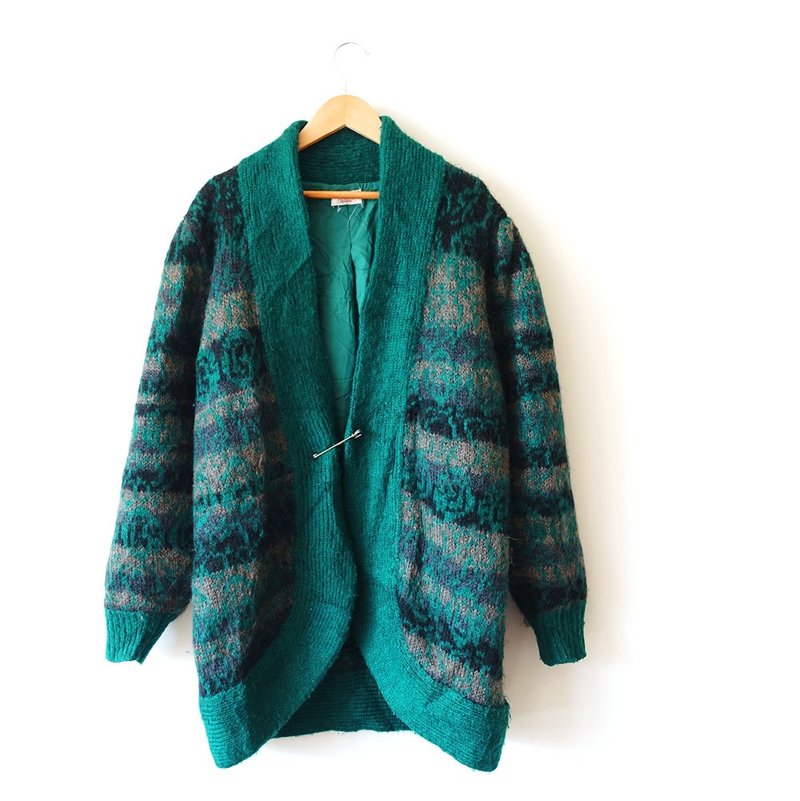 BajuTua /古著/ 綠色條紋 無領毛線長版大衣 - Women's Casual & Functional Jackets - Other Materials Green