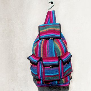 Mexican style shoulder bag boho canvas bag Bohemia hand-woven beam back backpack-blue and purple