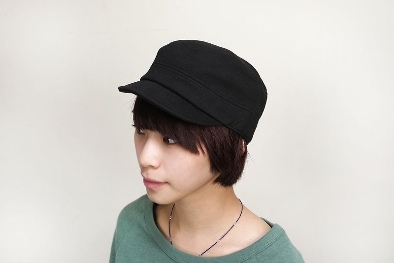 棉製女用鬆緊軍帽（黑） - Hats & Caps - Cotton & Hemp Black
