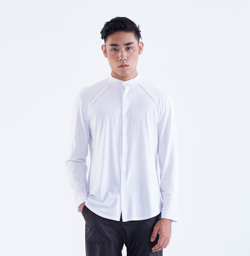 TRAN - 針織立領襯衫 - 男襯衫/休閒襯衫 - 棉．麻 白色