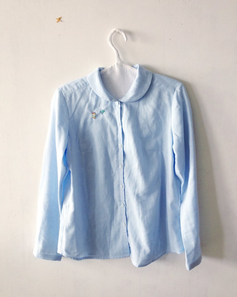 長袖襯衫/賴床日 - 女襯衫 - 棉．麻 藍色