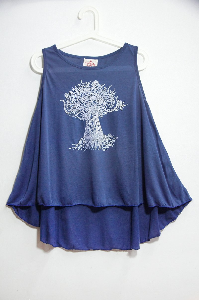 飄逸感夏日傘狀背心-泰國瘋狂樹 - T 恤 - 棉．麻 藍色