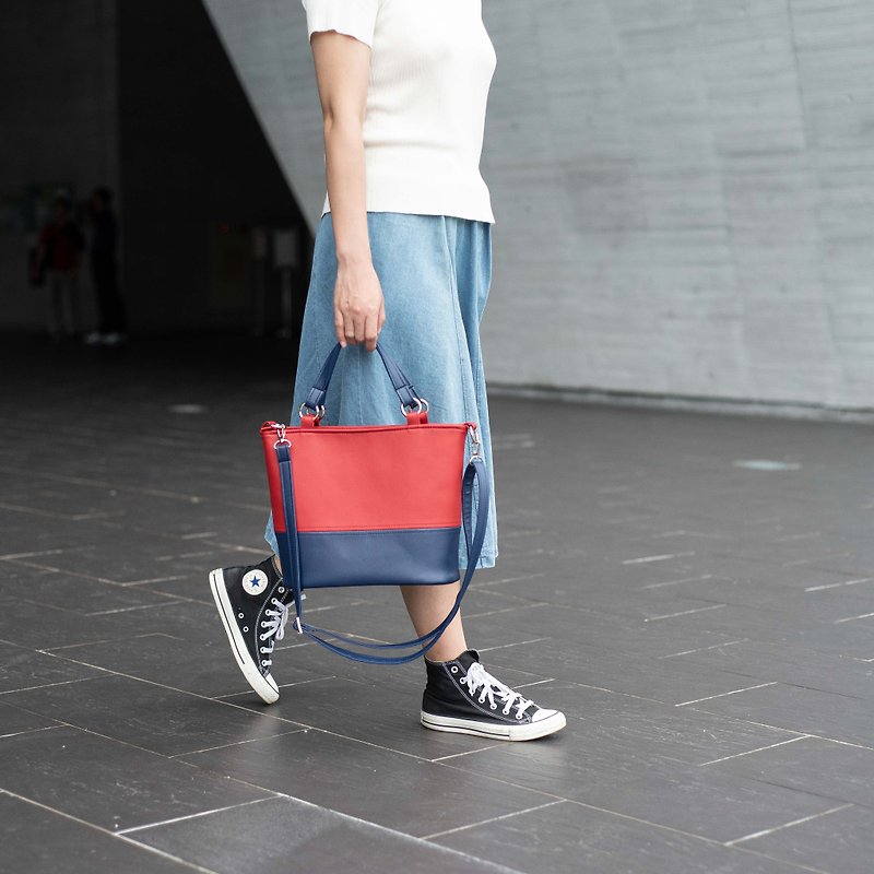 Classic color-blocked tote bag, portable and shoulder-carrying red - กระเป๋าแมสเซนเจอร์ - หนังเทียม สีแดง