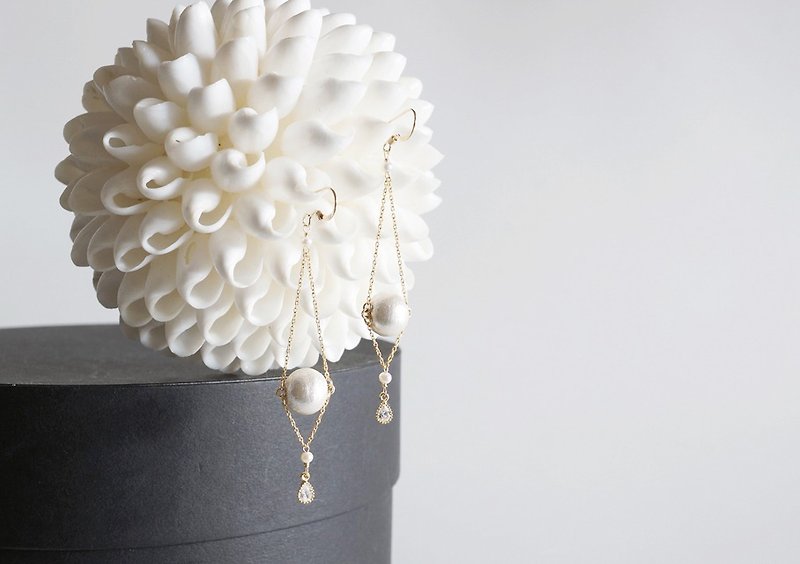 【14KGF】14KGF Chain Dangle Earrings,AAA Fresh Water Pearl,CZ,Cotton Pearl - Earrings & Clip-ons - Gemstone White