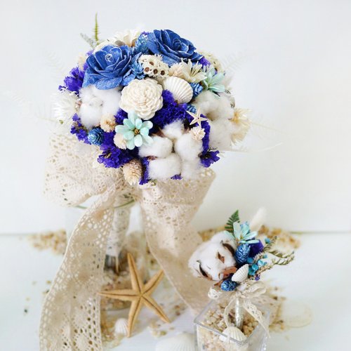 Wedding Collection - Customized dried flower corsage bride&amp;#39;s bouquet and groom + (with the bouquet box) Marine / retro