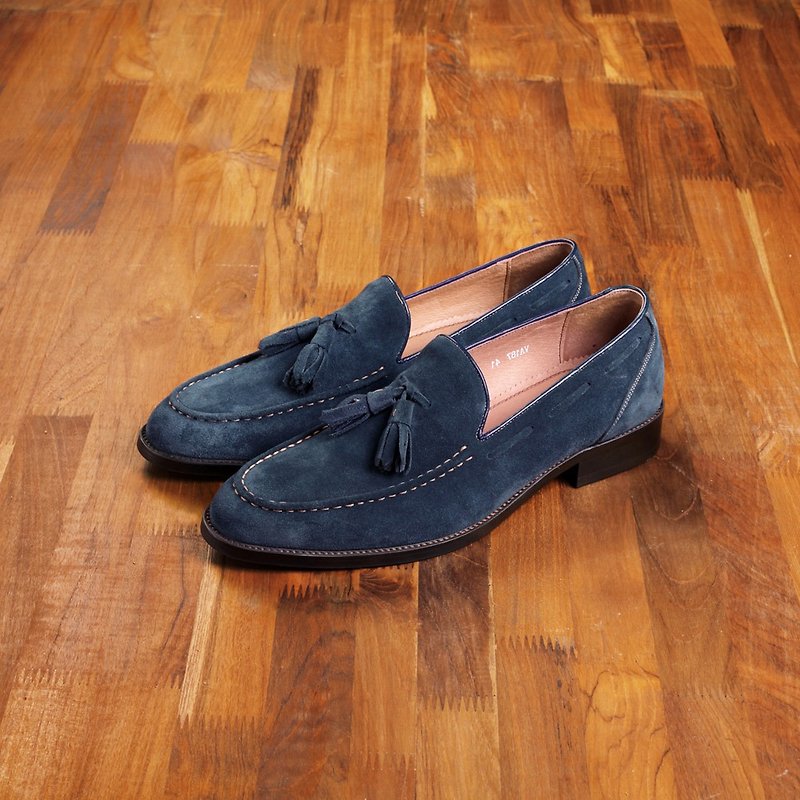 Vanger Elegant Beauty-Classic Gentleman Fringed Loafers Va187 Suede Blue - Men's Oxford Shoes - Genuine Leather Blue