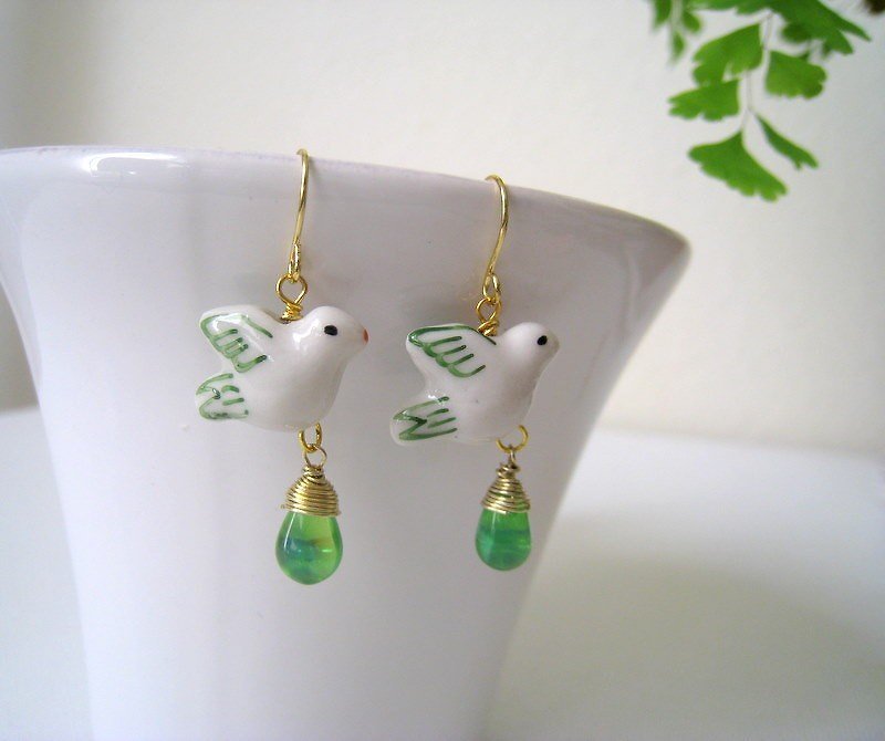 Other Materials Earrings & Clip-ons - White hand painted ceramic bird earrings