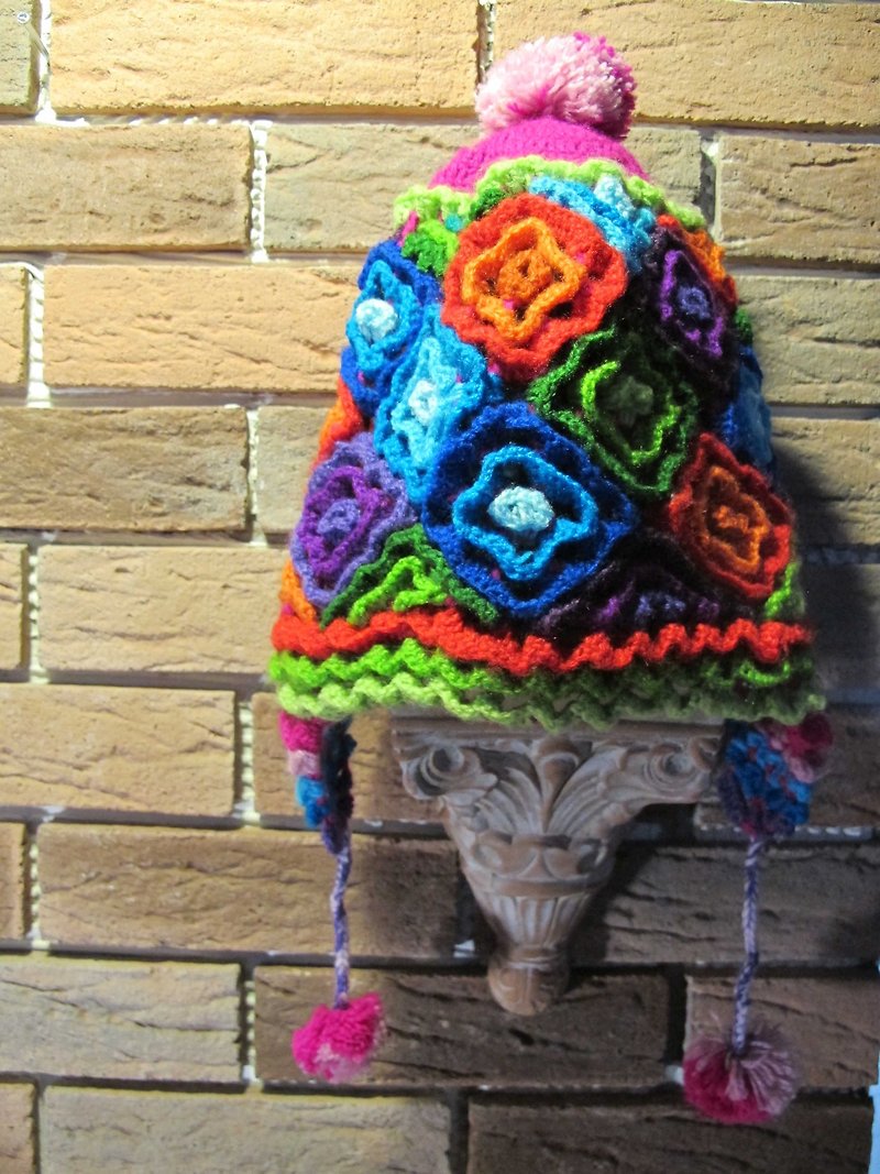 Rainbow green three-dimensional knitted wool hat - หมวก - งานปัก หลากหลายสี