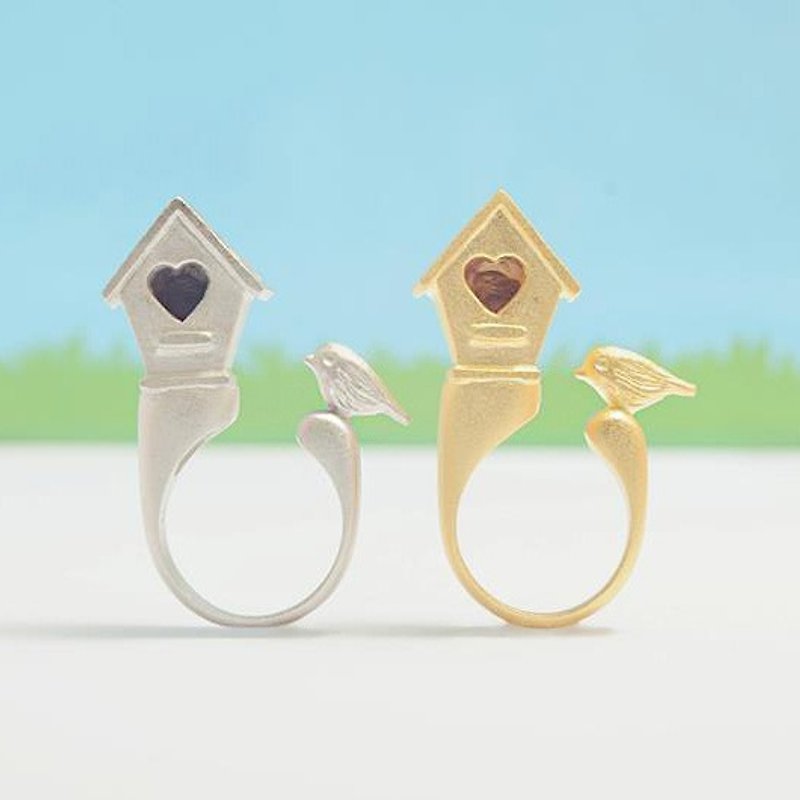 Birdhouse Ring, Birdhouse with little bird ring, Birdhouse with a heart-shaped ring (*now available only in silver) - General Rings - Other Metals Pink