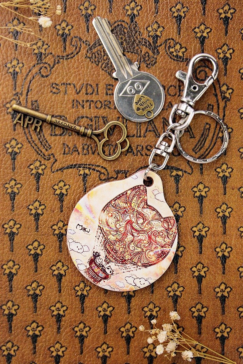 Good Meow vegetable-tanned leather key ring - Cat Hot Air Balloon - Keychains - Genuine Leather 