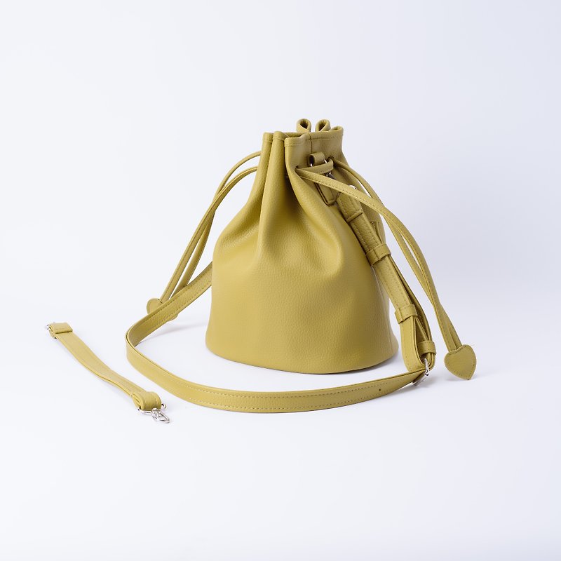 Candy style drawstring bucket bag can be used as a hand or shoulder bag with interchangeable Wasabi / mustard green - Messenger Bags & Sling Bags - Faux Leather Green