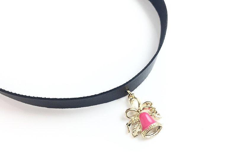"Peach Christmas bells - Wide Leather Necklace" - Necklaces - Genuine Leather Black