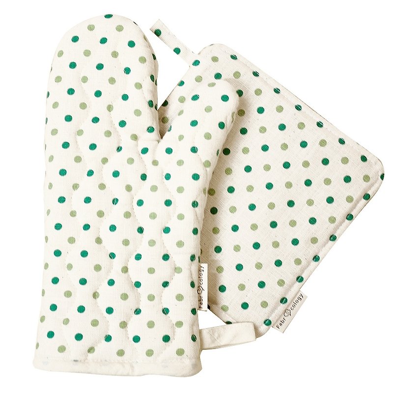 雙色水玉紋隔熱墊+手套-綠 - 廚具 - 其他材質 綠色