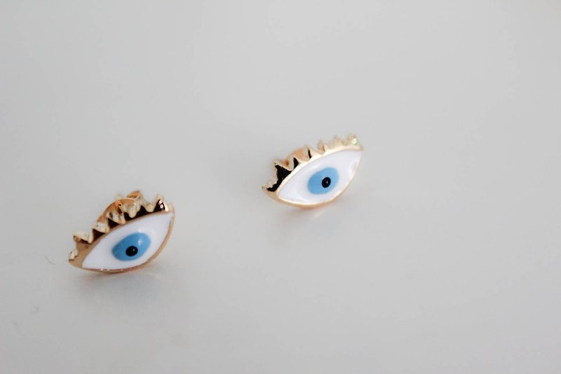 藍眼睛黃銅耳環 - 耳環/耳夾 - 其他材質 藍色