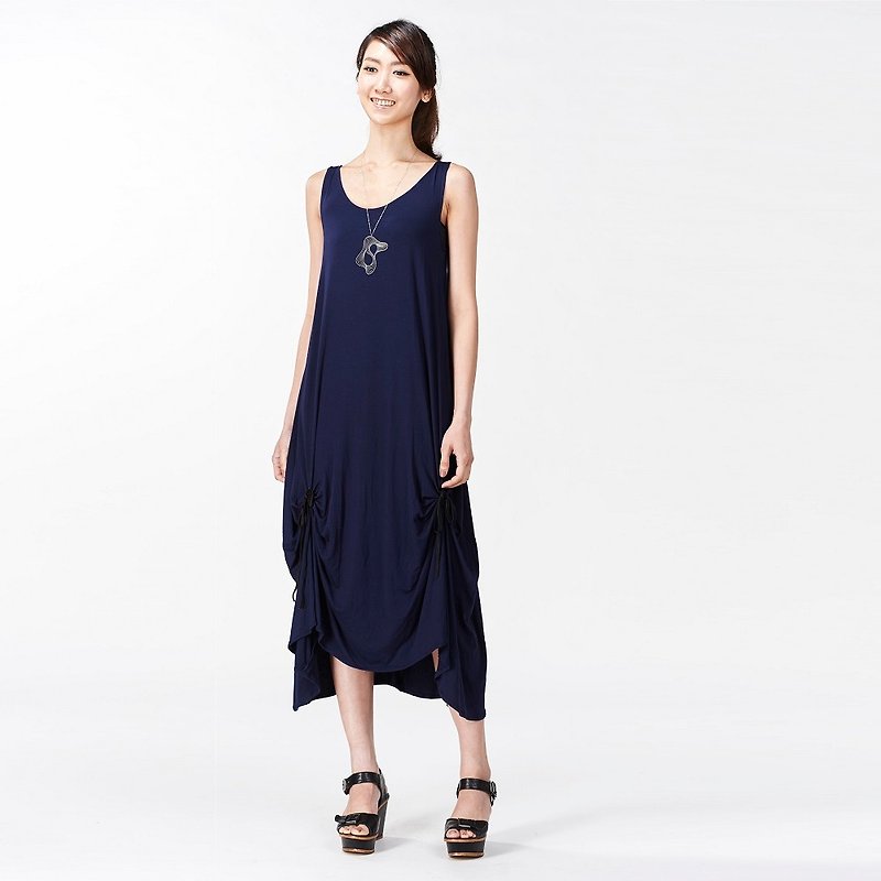 Dress vest hem ruffled long dress-Blue (with drawstring to change the shape freely) - One Piece Dresses - Cotton & Hemp Blue