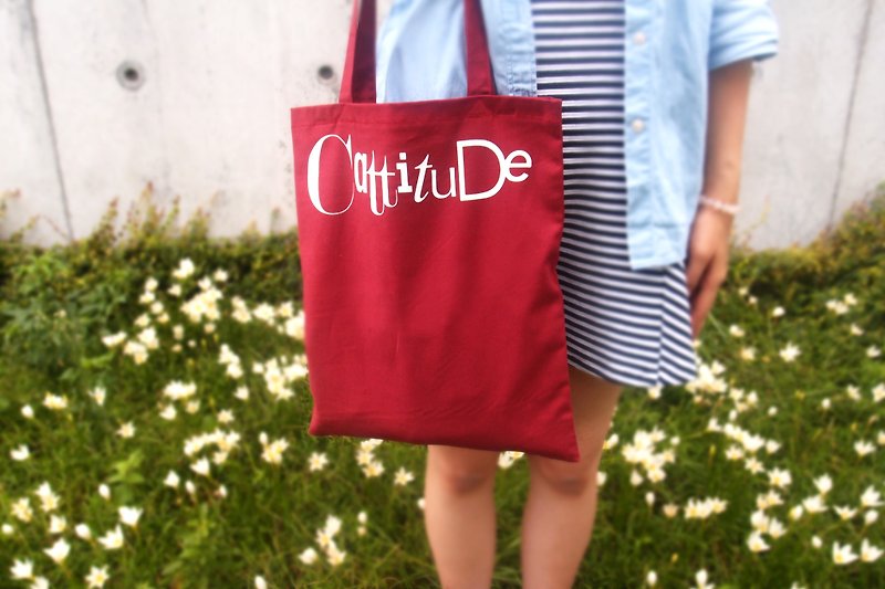[Cattitude] original design solid color cotton linen burlap bag Type Tote bag text altogether 3 - กระเป๋าถือ - ผ้าฝ้าย/ผ้าลินิน สีแดง