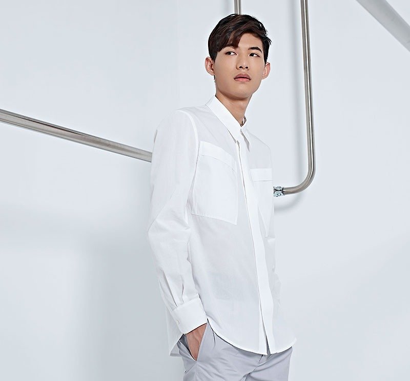 [See the picture below for the clearance status of refurbished] Cool double-pocket design anti-wrinkle men's long-sleeved shirt (white) - เสื้อเชิ้ตผู้ชาย - ผ้าฝ้าย/ผ้าลินิน ขาว