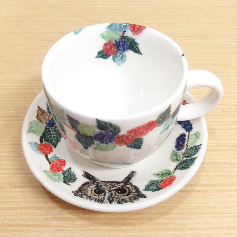 Lanyu Horned Owl + Mulberry-[Customizable text] Hand-painted espresso cup set - แก้วมัค/แก้วกาแฟ - เครื่องลายคราม หลากหลายสี