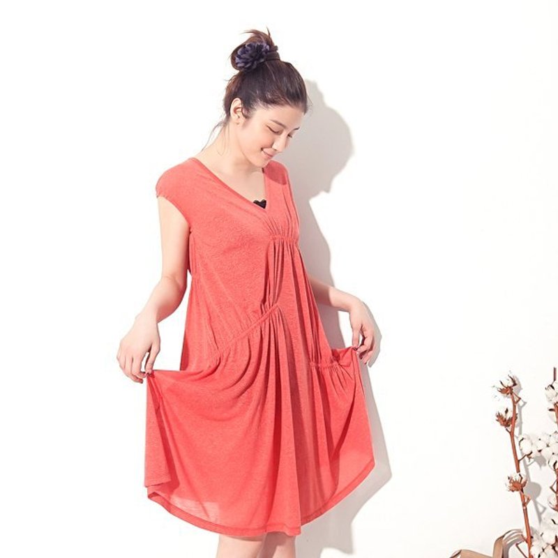 渡假去 深V抽摺長洋裝(紅橘色) - One Piece Dresses - Other Materials Red