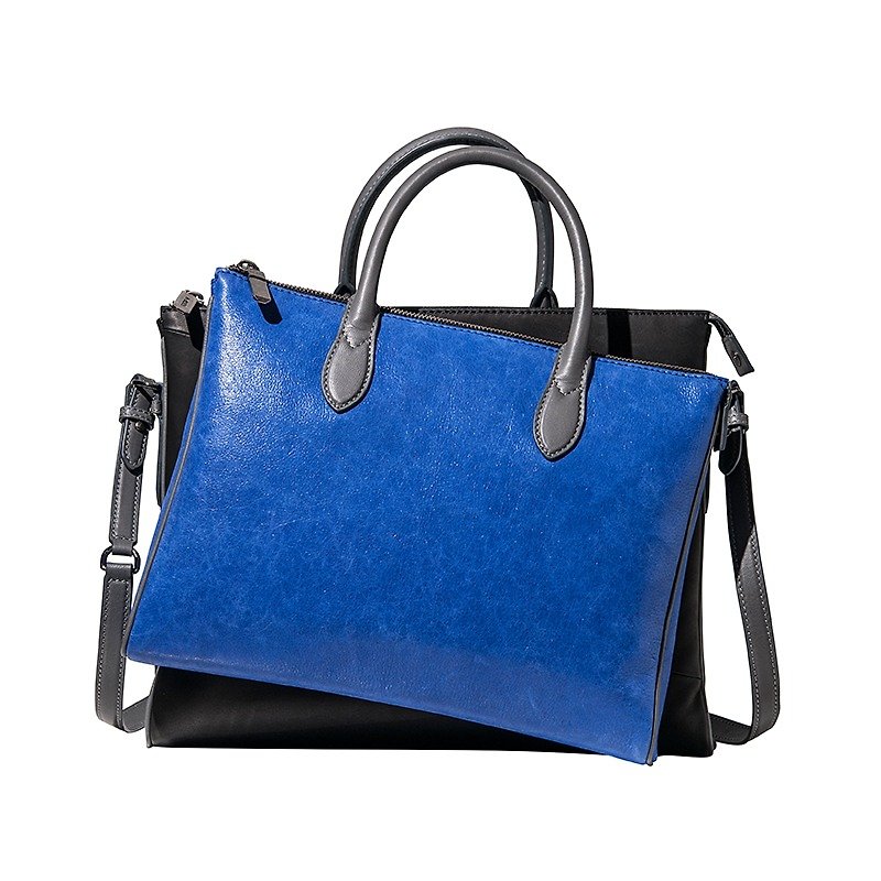 ZigZag irregular briefcase - blue-black - กระเป๋าเอกสาร - หนังแท้ สีน้ำเงิน