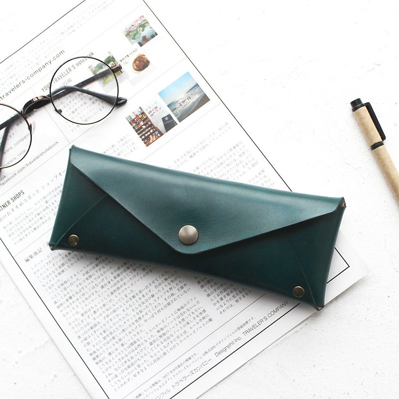 墨綠真皮大容量筆袋 牛皮筆盒文具袋 眼鏡盒 可客製化 畢業禮物 - 筆盒/筆袋 - 真皮 綠色