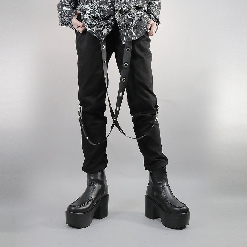 Slim silhouette pants with eyelet suspenders gothic punk rock DRT2753 - Unisex Pants - Cotton & Hemp Black