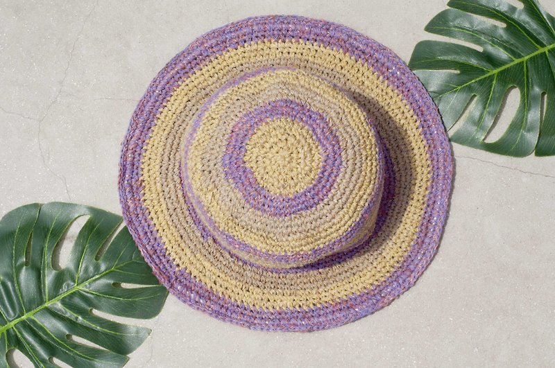 Hand-woven cotton Linen hat knit cap hat sun hat straw hat - Travel South wind taro vanilla - Hats & Caps - Cotton & Hemp Multicolor